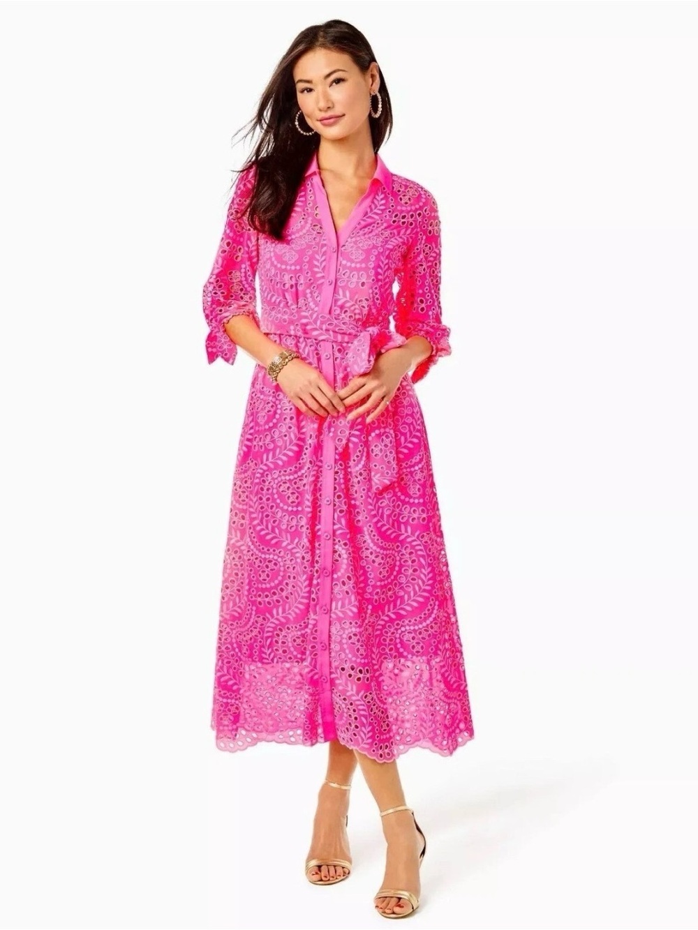 NWT Lilly Pulitzer Amrita Pink Eyelet Midi Button down Shirtdress